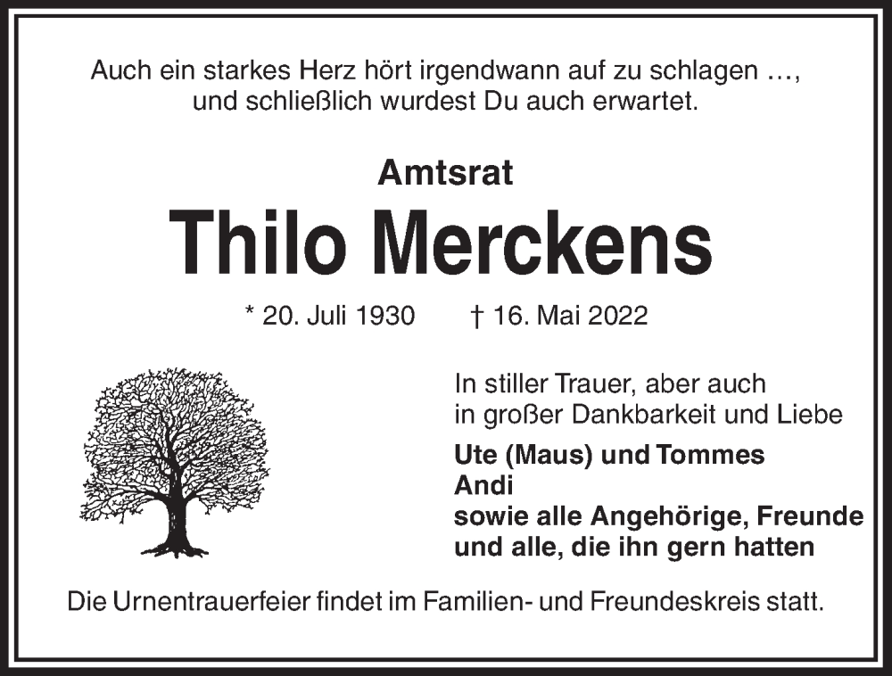  Traueranzeige für Thilo Merckens vom 21.05.2022 aus Kieler Nachrichten