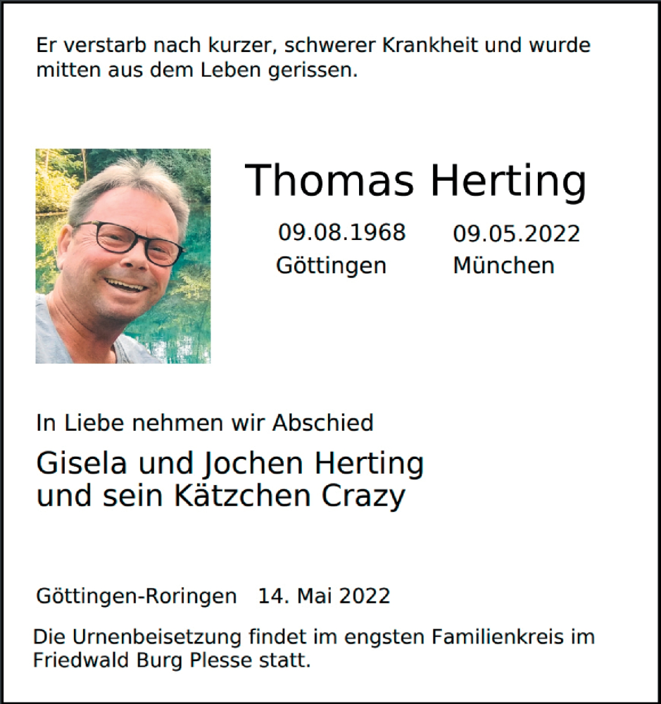  Traueranzeige für Thomas Herting vom 14.05.2022 aus Göttinger Tageblatt