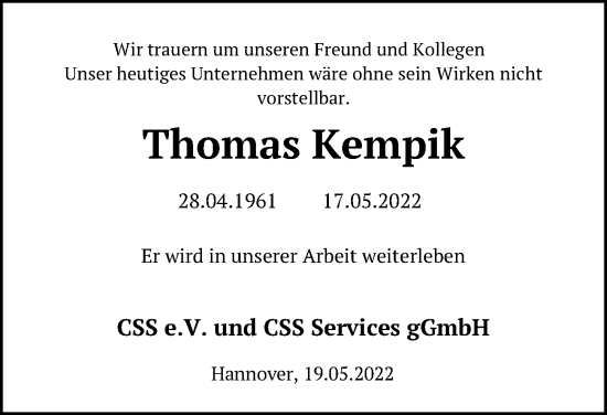 Traueranzeige von Thomas Kempik von Hannoversche Allgemeine Zeitung/Neue Presse