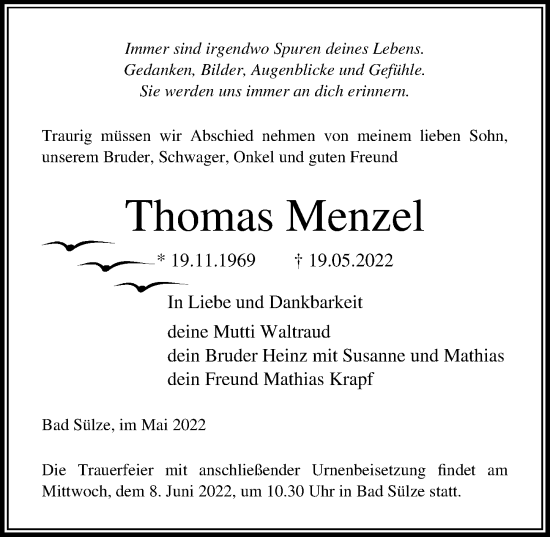 Traueranzeige von Thomas Menzel von Ostsee-Zeitung GmbH