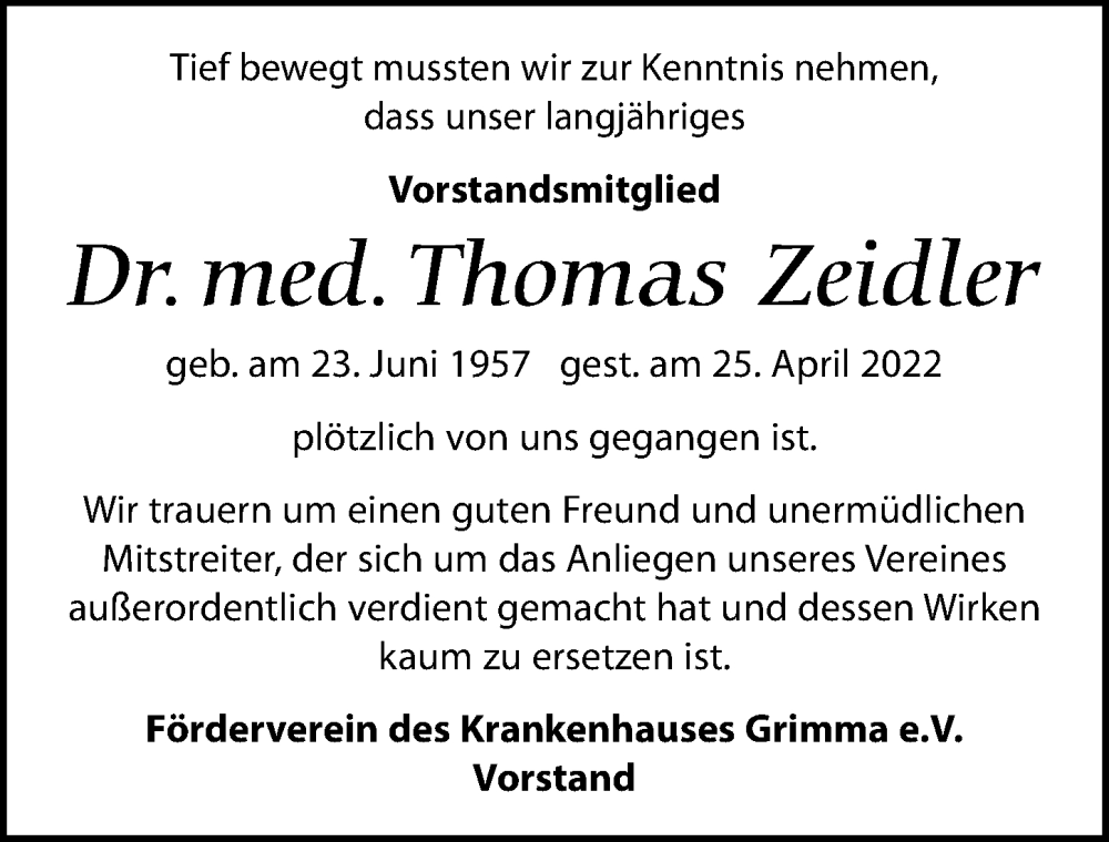  Traueranzeige für Thomas Zeidler vom 14.05.2022 aus Leipziger Volkszeitung