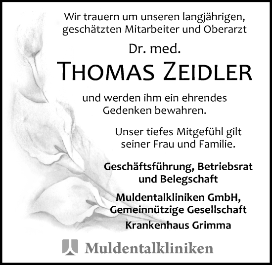 Traueranzeige von Thomas Zeidler von Leipziger Volkszeitung