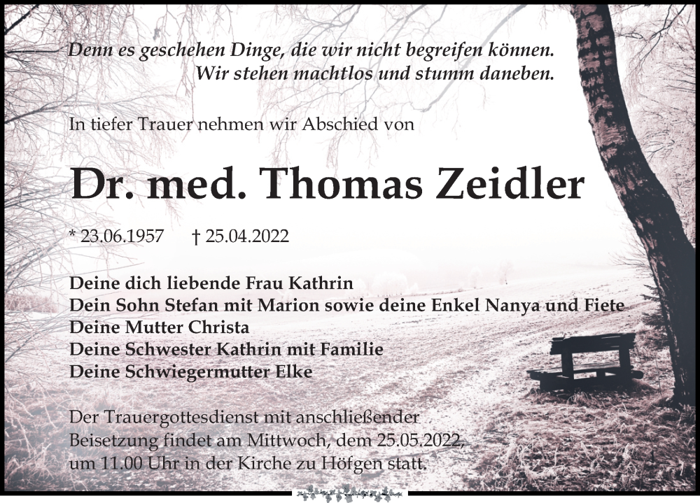  Traueranzeige für Thomas Zeidler vom 07.05.2022 aus Leipziger Volkszeitung