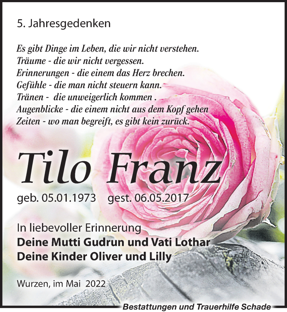  Traueranzeige für Tilo Franze vom 07.05.2022 aus Leipziger Volkszeitung