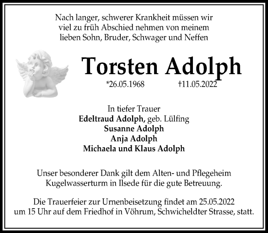 Traueranzeige von Torsten Adolph von Peiner Allgemeine Zeitung