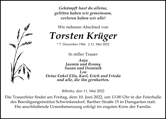 Traueranzeige von Torsten Krüger von Ostsee-Zeitung GmbH