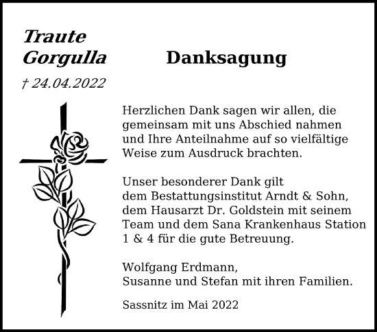 Traueranzeige von Traute Gorgulla von Ostsee-Zeitung GmbH