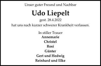 Traueranzeige von Udo Liepelt von Peiner Allgemeine Zeitung