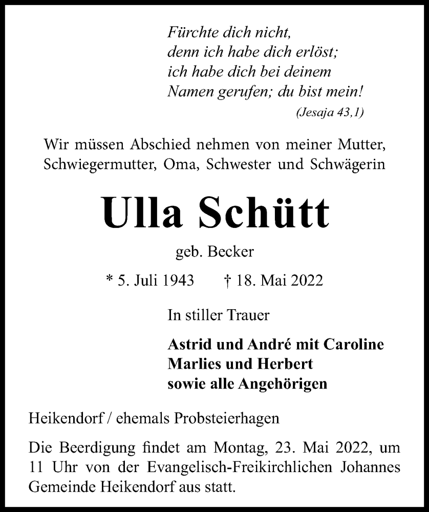 Traueranzeige für Ulla Schütt vom 21.05.2022 aus Kieler Nachrichten