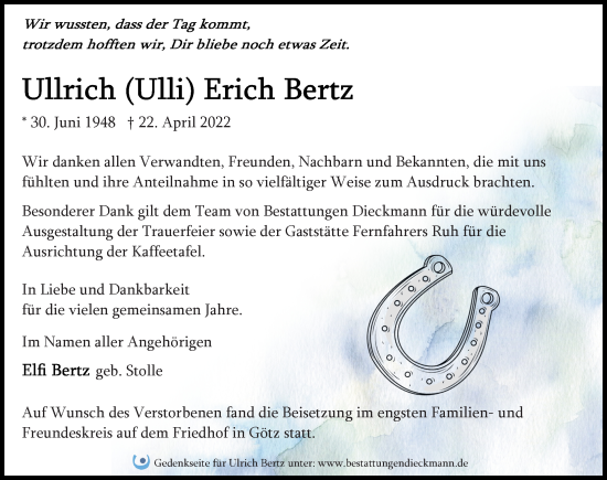 Traueranzeige von Ullrich Erich Bertz von Märkischen Allgemeine Zeitung