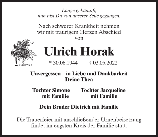 Traueranzeige von Ulrich Horak von Märkischen Allgemeine Zeitung