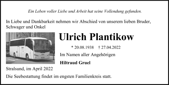 Traueranzeige von Ulrich Plantikow von Ostsee-Zeitung GmbH