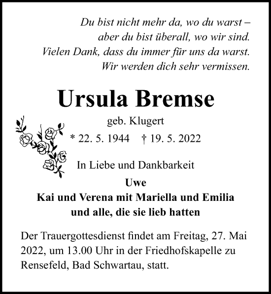 Traueranzeige von Ursula Bremse von Lübecker Nachrichten