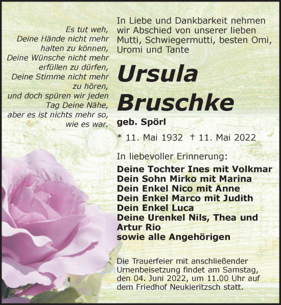 Traueranzeige von Ursula Bruschke von Leipziger Volkszeitung