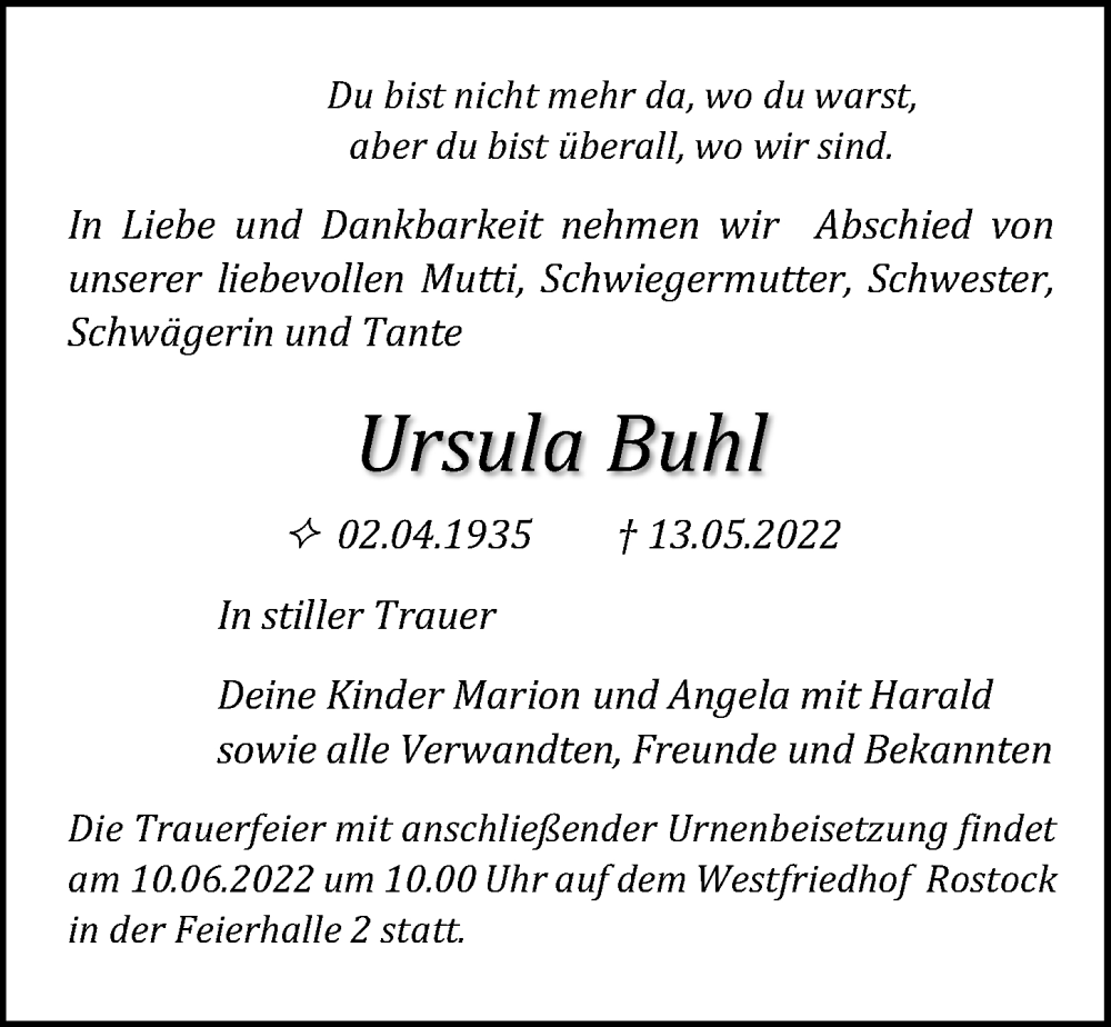  Traueranzeige für Ursula Buhl vom 21.05.2022 aus Ostsee-Zeitung GmbH