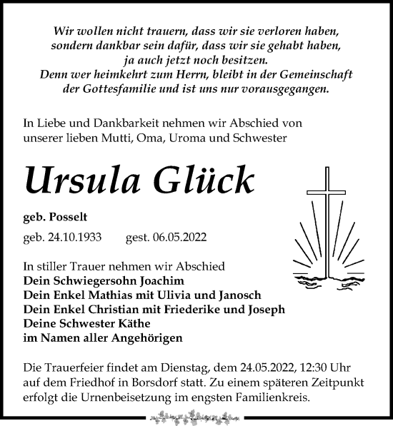Traueranzeige von Ursula Glück von Leipziger Volkszeitung