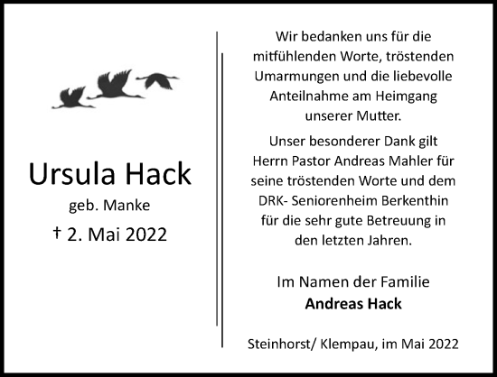 Traueranzeige von Ursula Hack von Lübecker Nachrichten