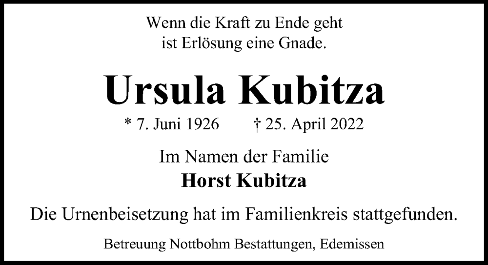  Traueranzeige für Ursula Kubitza vom 14.05.2022 aus Peiner Allgemeine Zeitung