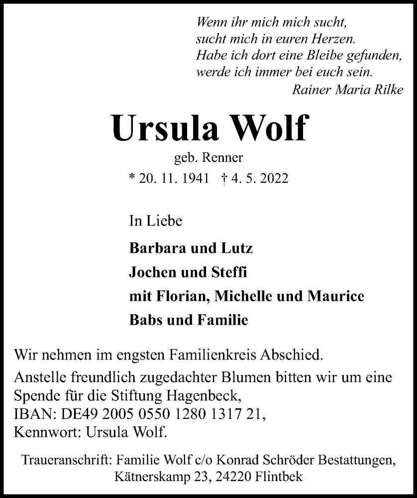  Traueranzeige für Ursula Wolf vom 07.05.2022 aus Kieler Nachrichten