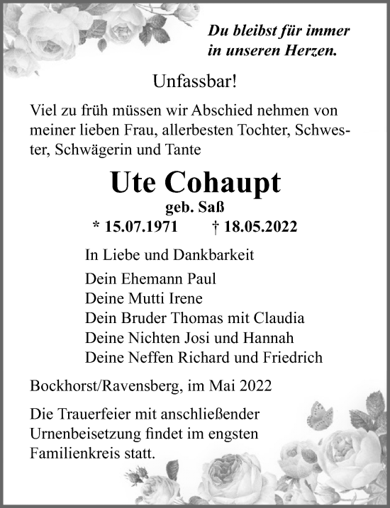 Traueranzeige von Ute Cohaupt von Ostsee-Zeitung GmbH