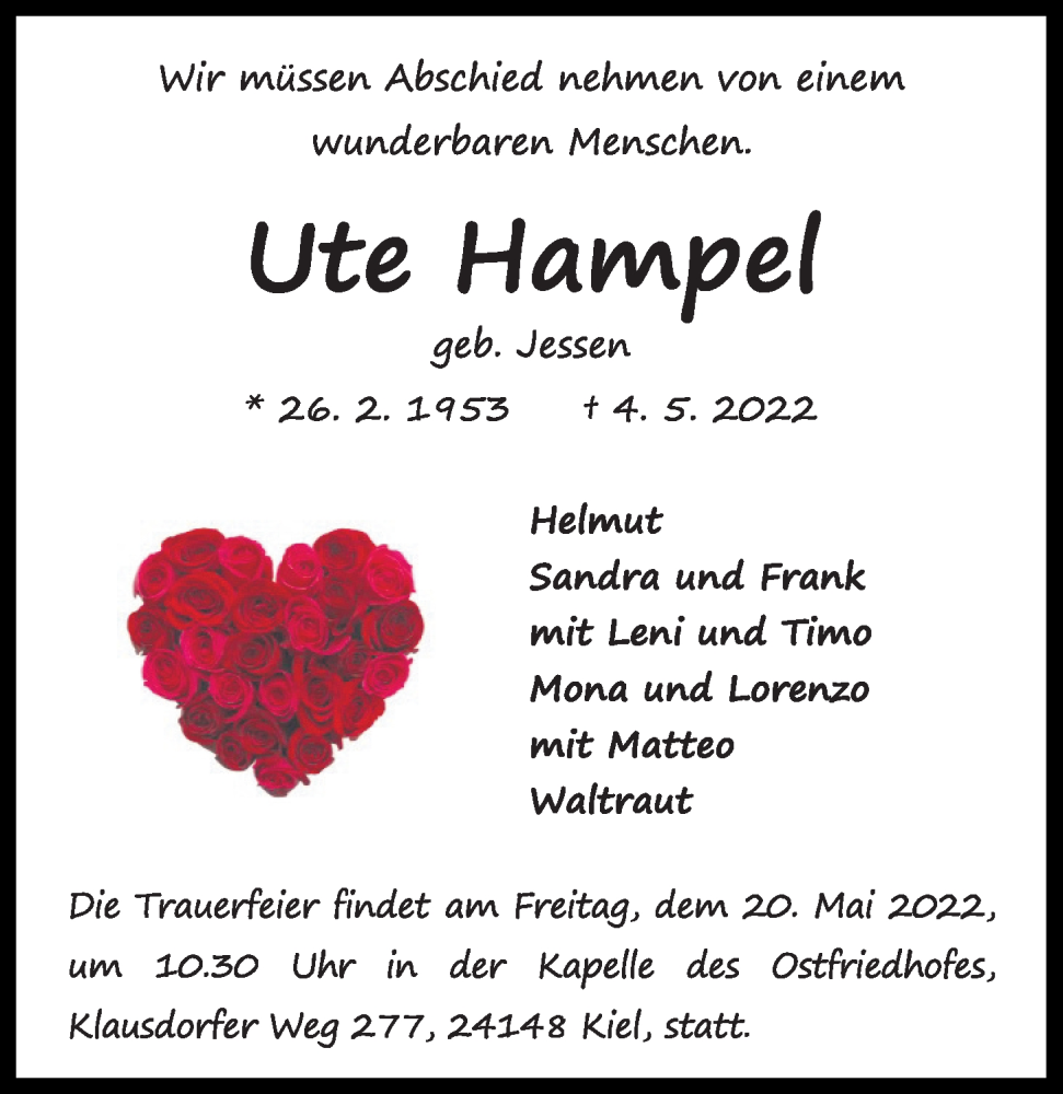  Traueranzeige für Ute Hampel vom 14.05.2022 aus Kieler Nachrichten