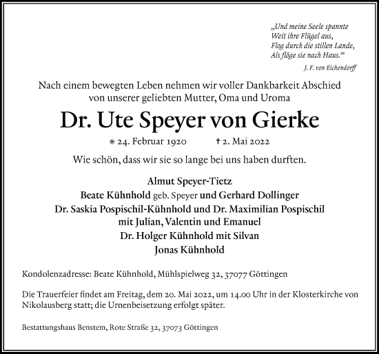 Traueranzeige von Ute Speyer von Gierke von Göttinger Tageblatt