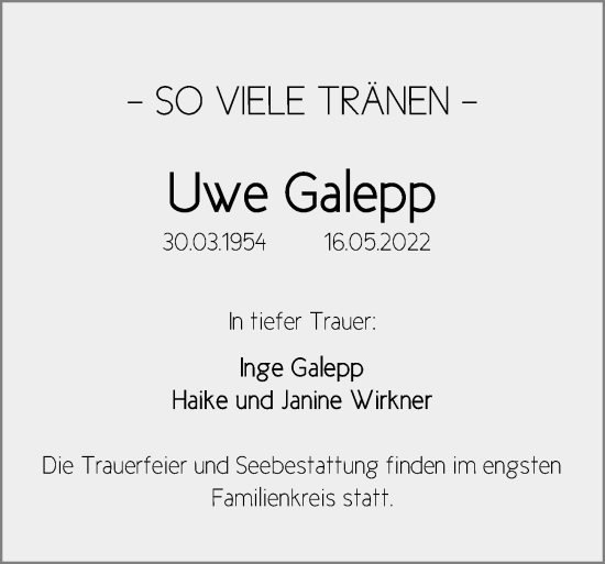 Traueranzeige von Uwe Galepp von Ostsee-Zeitung GmbH