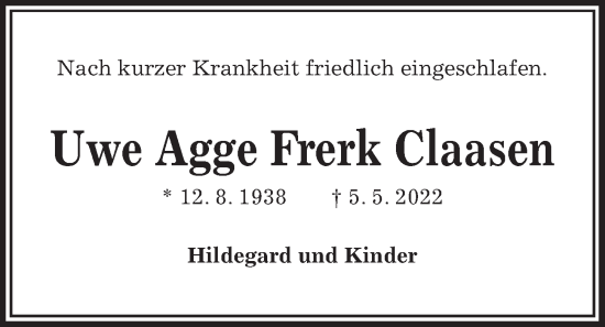 Traueranzeige von Uwe Agge Frerk Claasen von Kieler Nachrichten