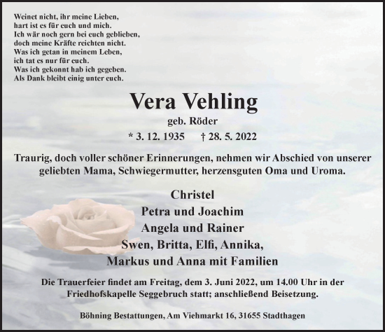 Traueranzeige von Vera Vehling von Schaumburger Nachrichten