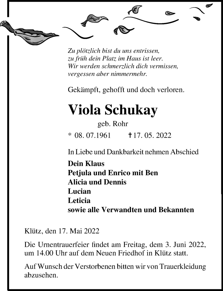  Traueranzeige für Viola Schukay vom 27.05.2022 aus Ostsee-Zeitung GmbH