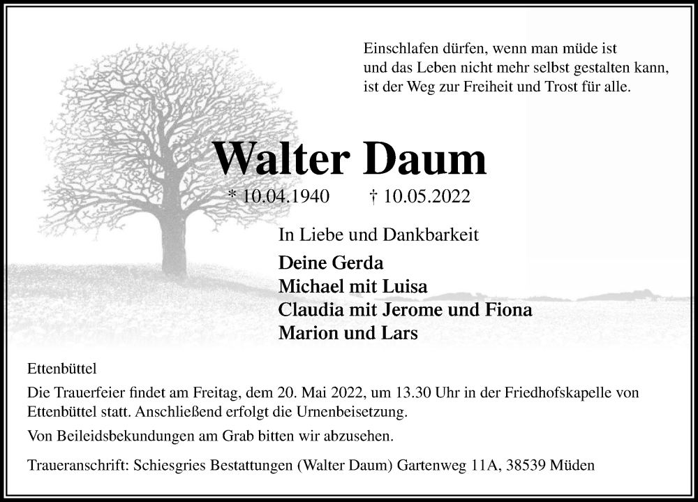  Traueranzeige für Walter Daum vom 14.05.2022 aus Aller Zeitung