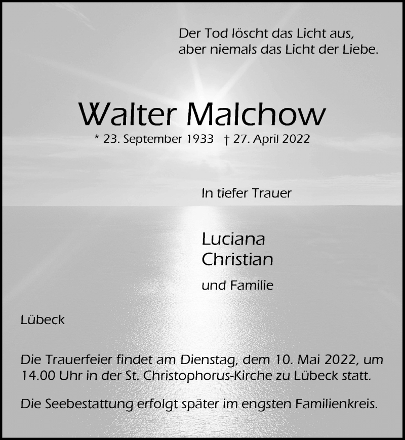  Traueranzeige für Walter Malchow vom 01.05.2022 aus Lübecker Nachrichten