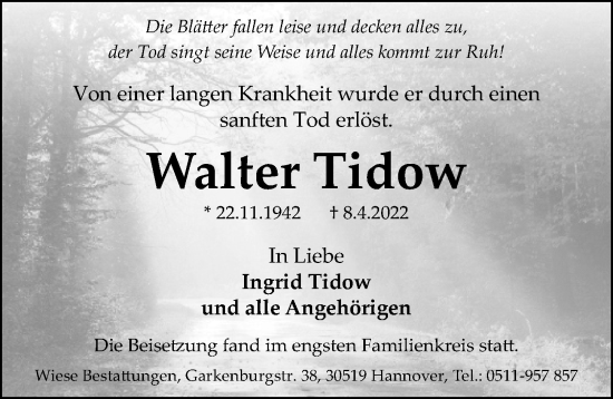 Traueranzeige von Walter Tidow von Hannoversche Allgemeine Zeitung/Neue Presse