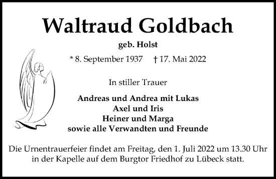 Traueranzeige von Waltraud Goldbach von Lübecker Nachrichten