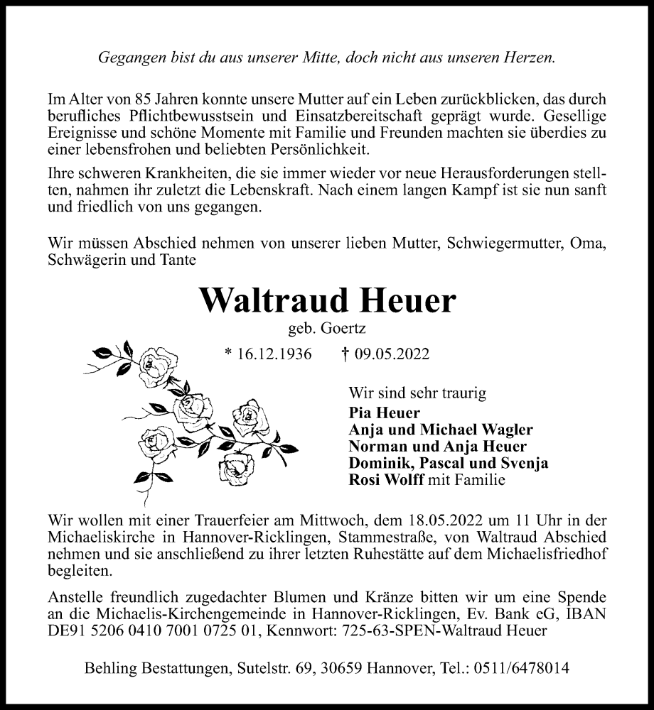  Traueranzeige für Waltraud Heuer vom 14.05.2022 aus Hannoversche Allgemeine Zeitung/Neue Presse
