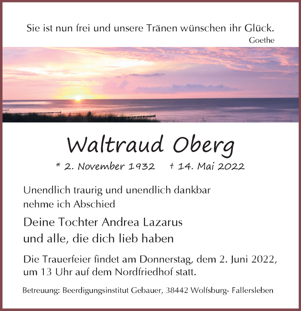  Traueranzeige für Waltraud Oberg vom 21.05.2022 aus Aller Zeitung