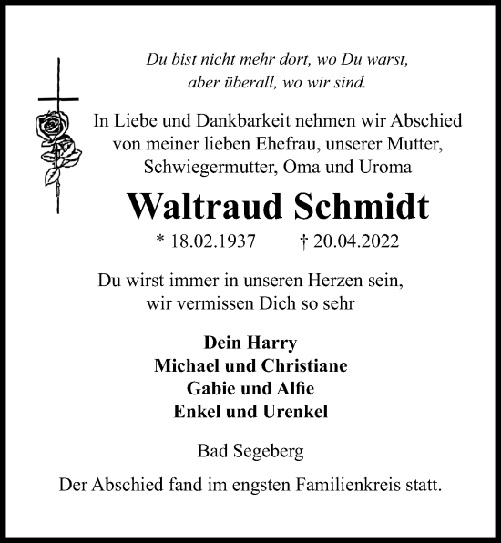 Traueranzeige von Waltraud Schmidt von Kieler Nachrichten