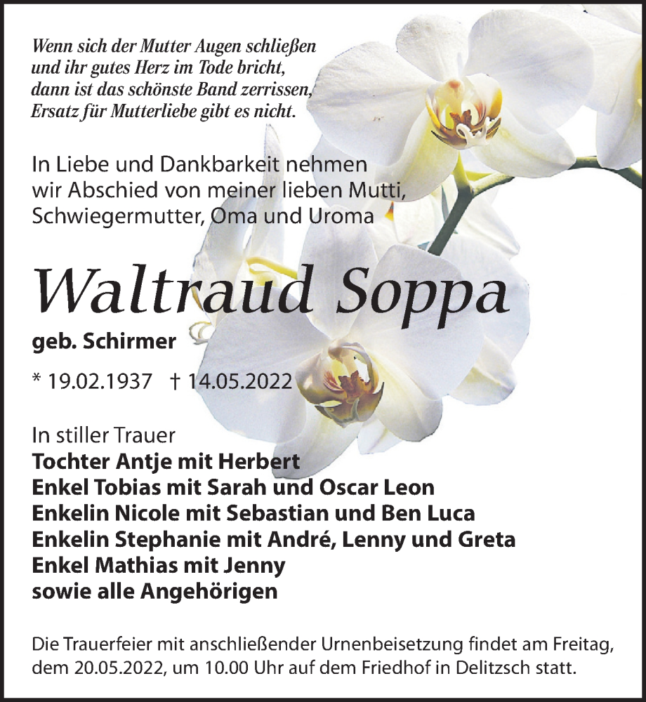  Traueranzeige für Waltraud Soppa vom 19.05.2022 aus Leipziger Volkszeitung