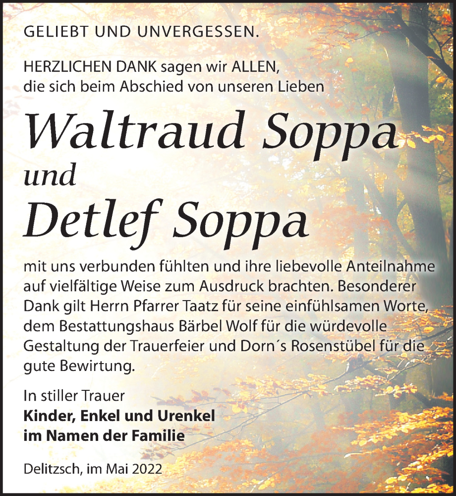  Traueranzeige für Waltraud Soppa vom 28.05.2022 aus Leipziger Volkszeitung