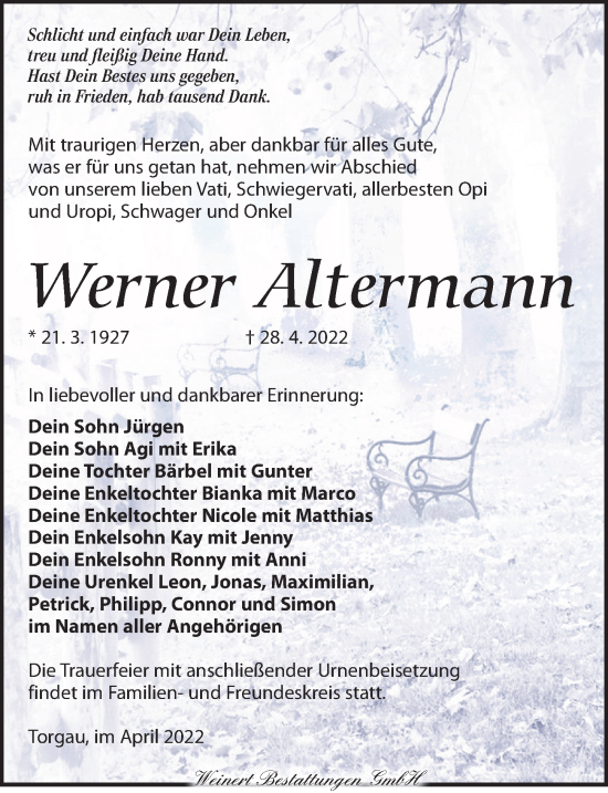 Traueranzeige von Werner Altermann von Torgauer Zeitung
