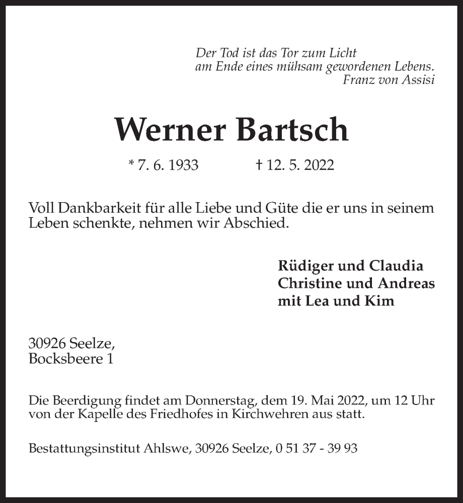  Traueranzeige für Werner Bartsch vom 14.05.2022 aus Hannoversche Allgemeine Zeitung/Neue Presse