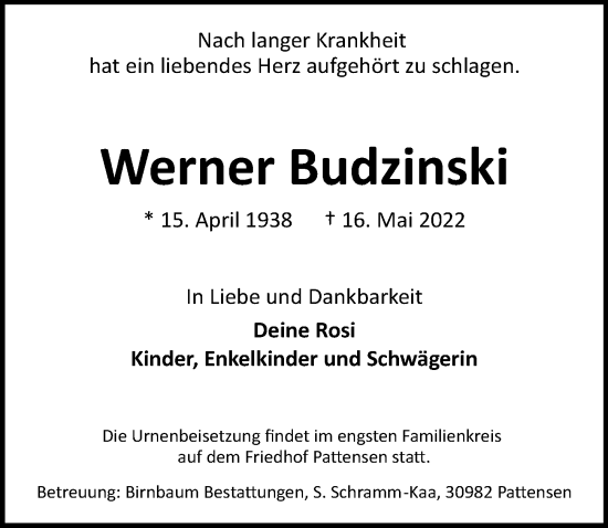Traueranzeige von Werner Budzinski von Hannoversche Allgemeine Zeitung/Neue Presse
