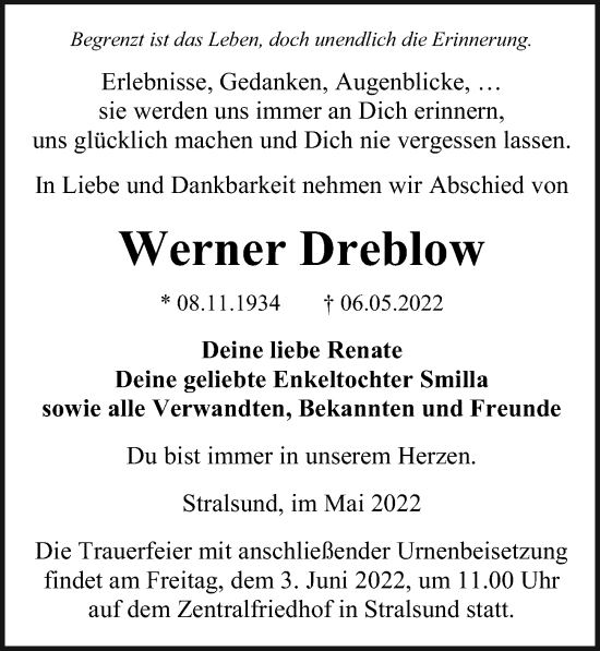 Traueranzeige von Werner Dreblow von Ostsee-Zeitung GmbH