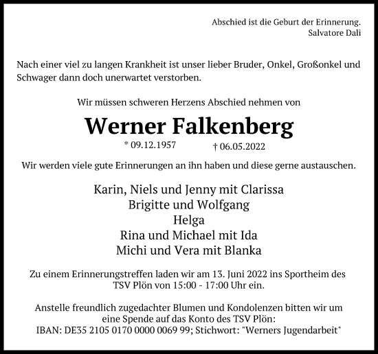 Traueranzeige von Werner Falkenberg von Kieler Nachrichten