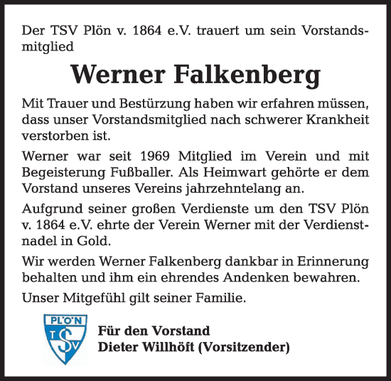 Traueranzeige von Werner Falkenberg von Kieler Nachrichten