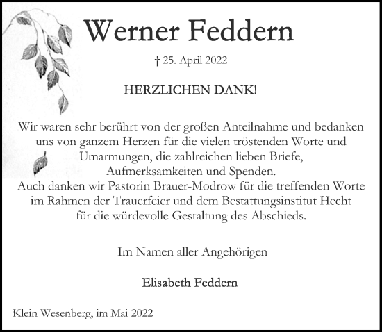 Traueranzeige von Werner Feddern von Lübecker Nachrichten