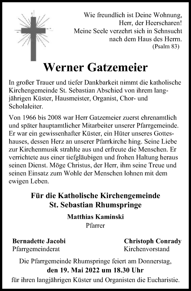  Traueranzeige für Werner Gatzemeier vom 07.05.2022 aus Eichsfelder Tageblatt