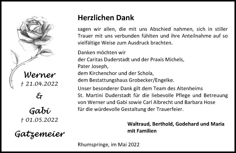  Traueranzeige für Werner Gatzemeier vom 21.05.2022 aus Eichsfelder Tageblatt
