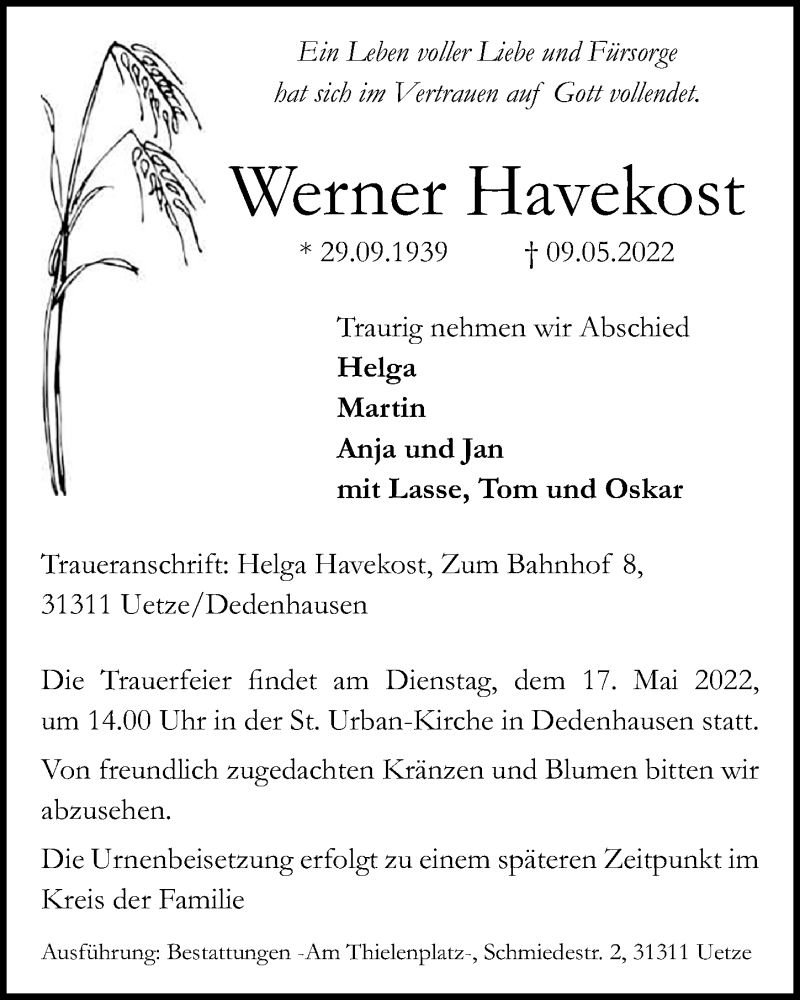  Traueranzeige für Werner Havekost vom 14.05.2022 aus Hannoversche Allgemeine Zeitung/Neue Presse