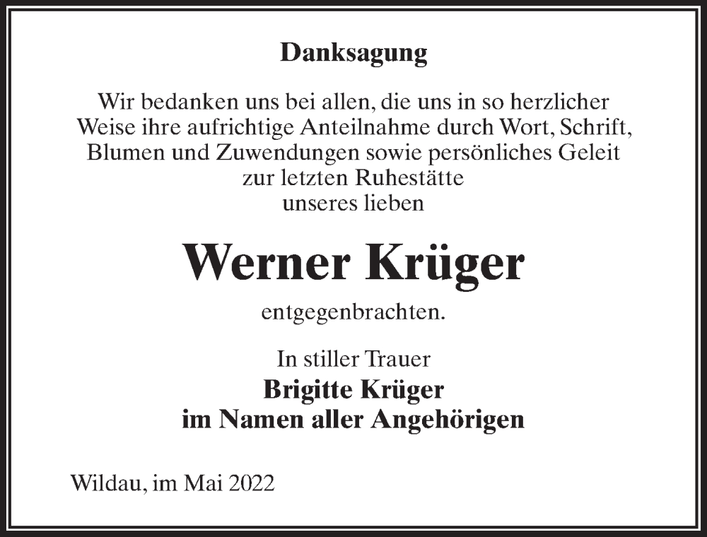  Traueranzeige für Werner Krüger vom 28.05.2022 aus Märkischen Allgemeine Zeitung